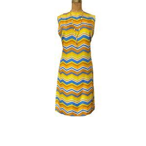 1960s shift dress, zig zag chevron print, vintage 60s dress, yellow and blue mod